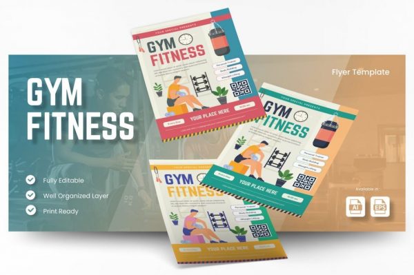 健身房健身运动套餐传单 Ai & EPS 模板 Gym Fitness Flyer Ai & EPS Template