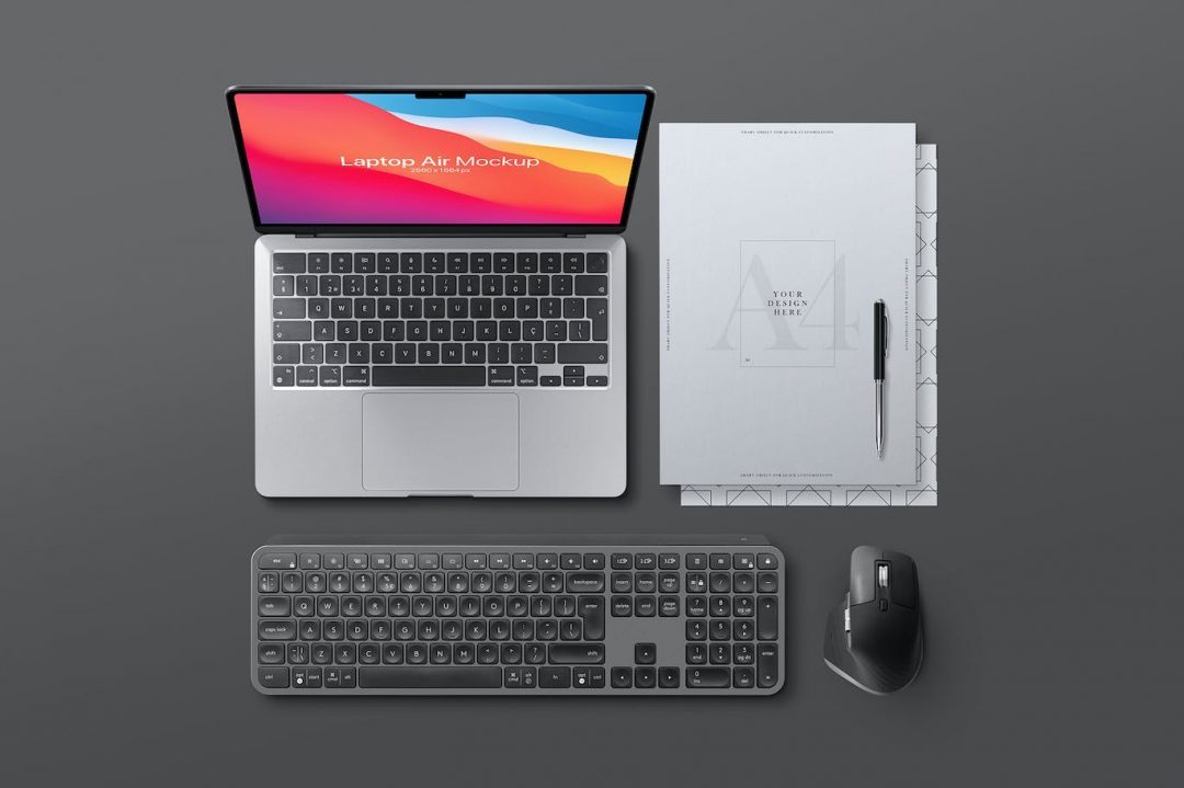 键盘鼠标 A4 传单场景 Air 笔记本电脑样机 Laptop Air Mockup Keyboard Mouse A4 Flyer Scene