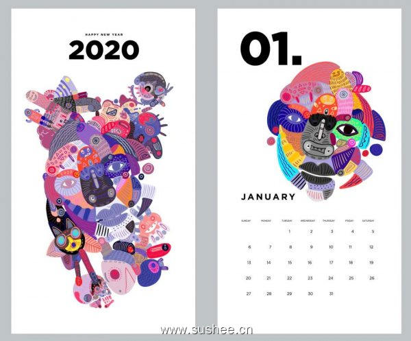 矢量2020年日历设计模板与彩色抽象涂鸦插图