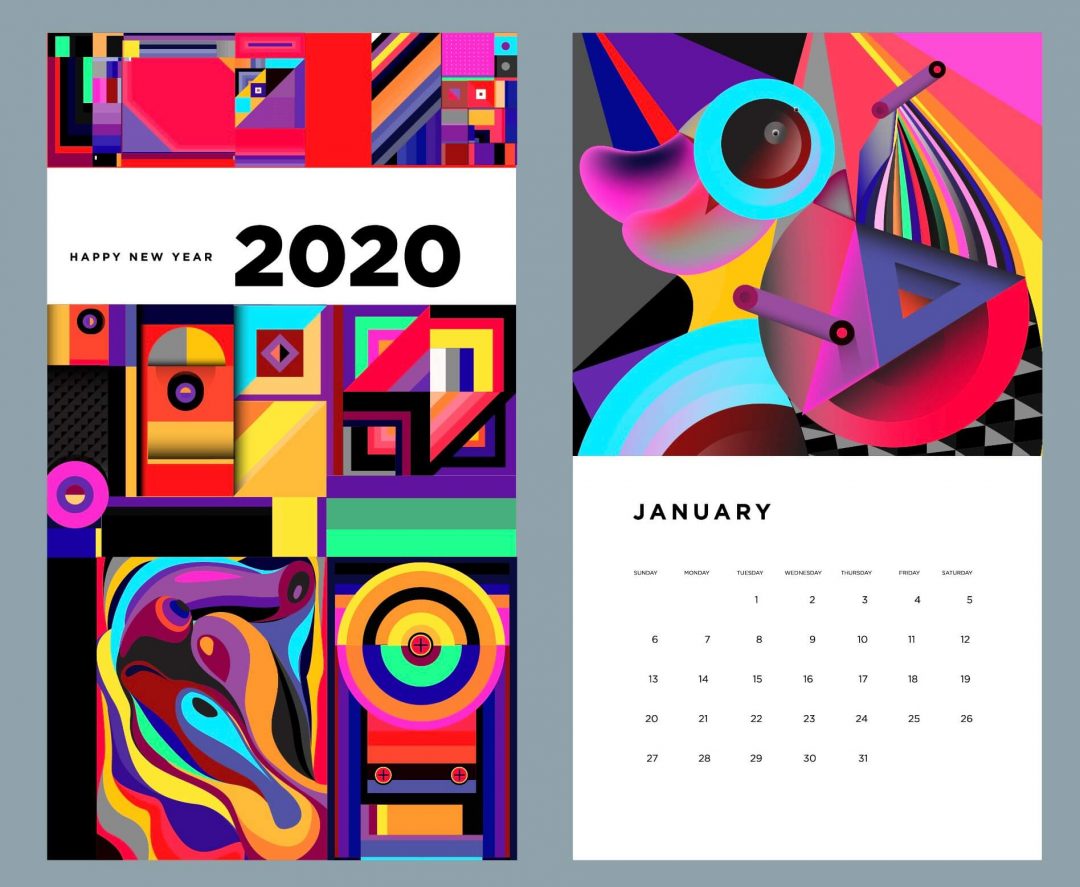 矢量2020年日历设计模板与丰富多彩的抽象液体和几何背景