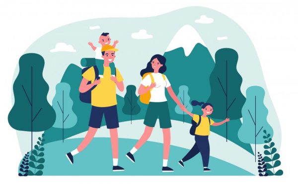 活跃幸福的家庭一起在山中旅行矢量插画