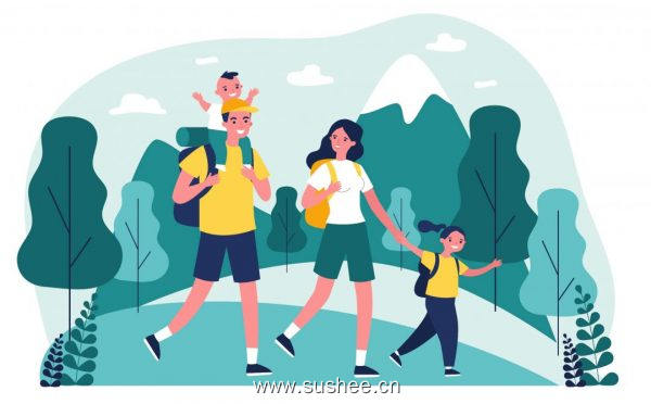 活跃幸福的家庭一起在山中旅行矢量插画