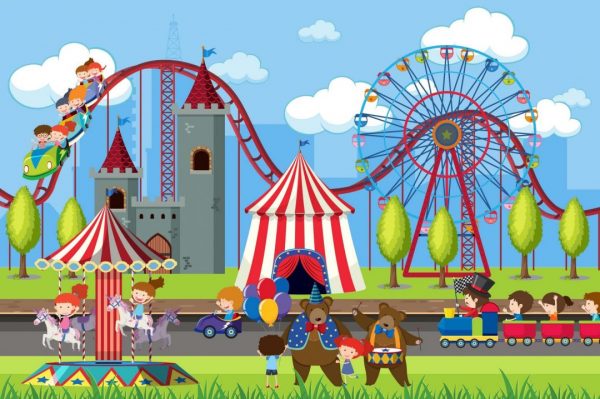 带摩天轮的矢量游乐园场景Vector amusement park scene with ferris wheel