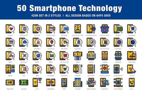 50个智能手机技术主题图标 50 Smartphone Technology
