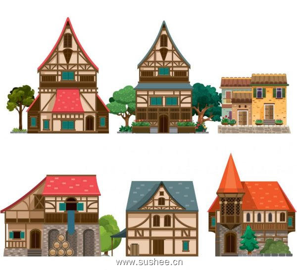 各类中世纪房屋矢量插画