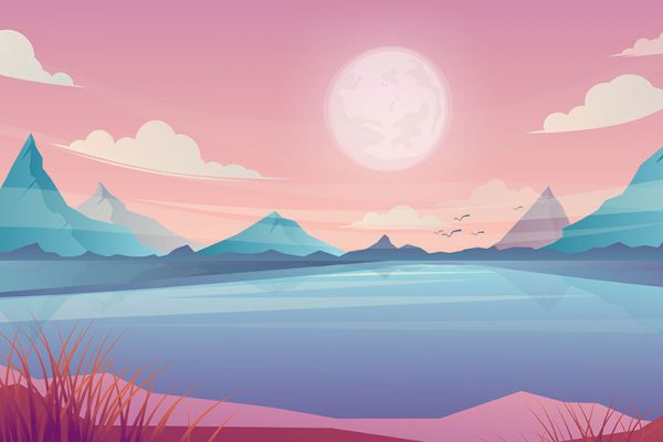 动画片春夏美景，风景秀丽的蓝色湖泊和山上的日出