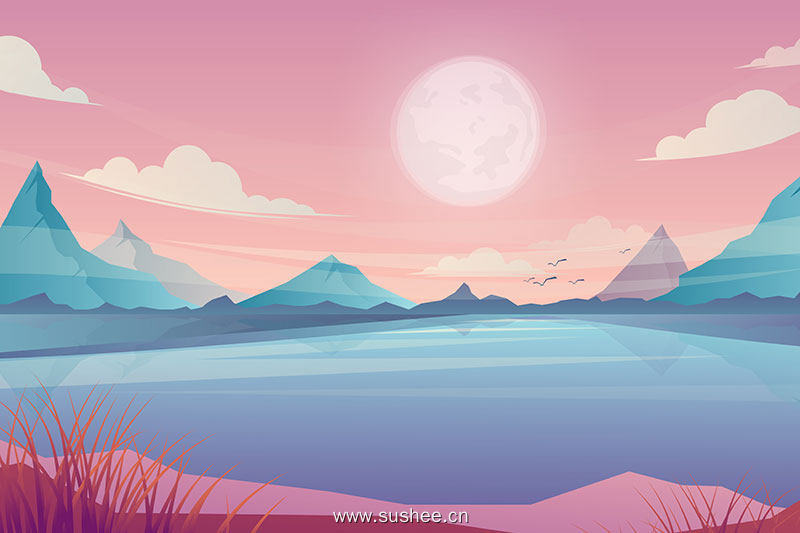 动画片春夏美景，风景秀丽的蓝色湖泊和山上的日出插图