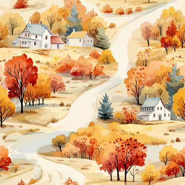 秋天的风景，色彩缤纷的树木路和房屋