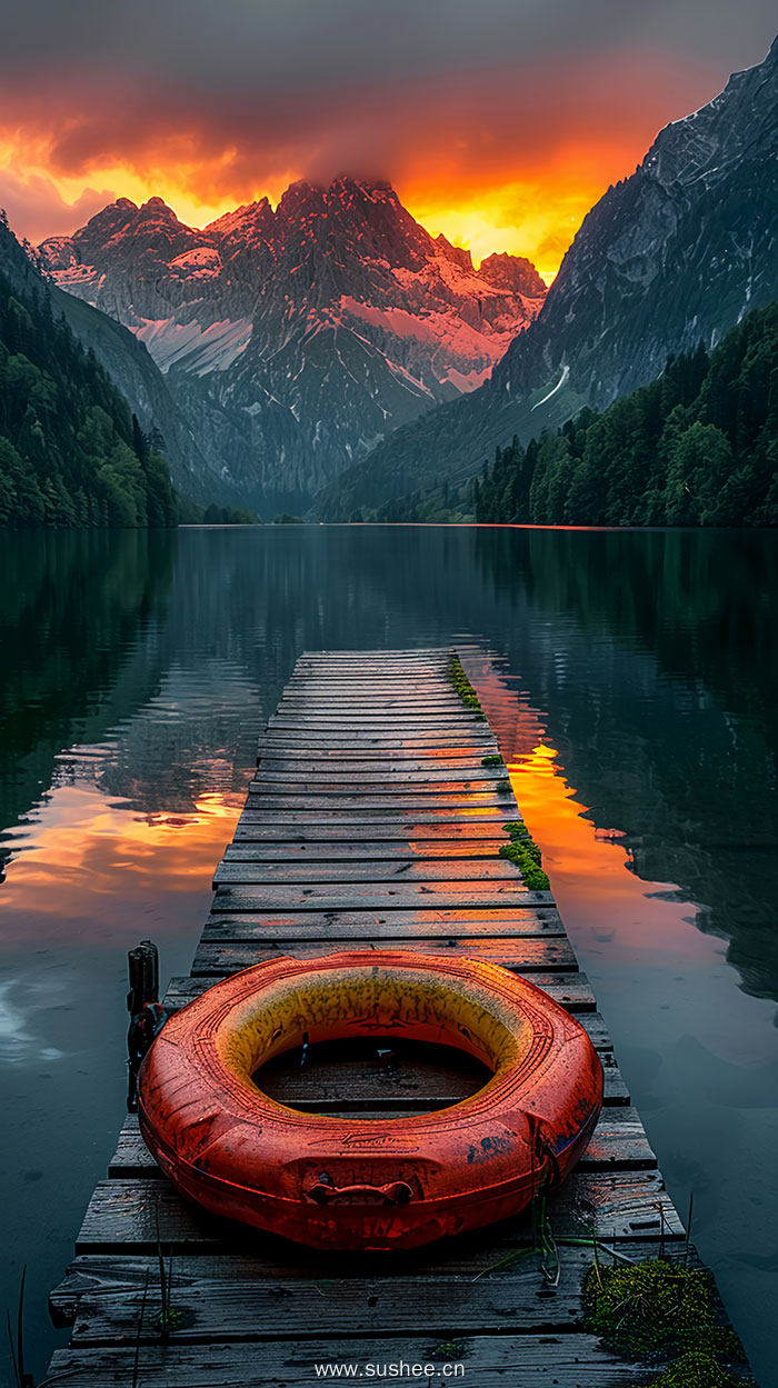 湖上的一艘船，水中有红色橡皮筏插图