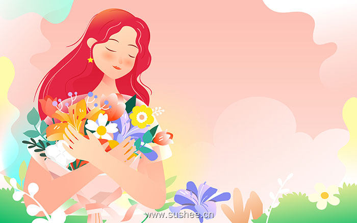 3 月 8 日国际妇女节，女孩被鲜花包围，背景有各种鲜花插图