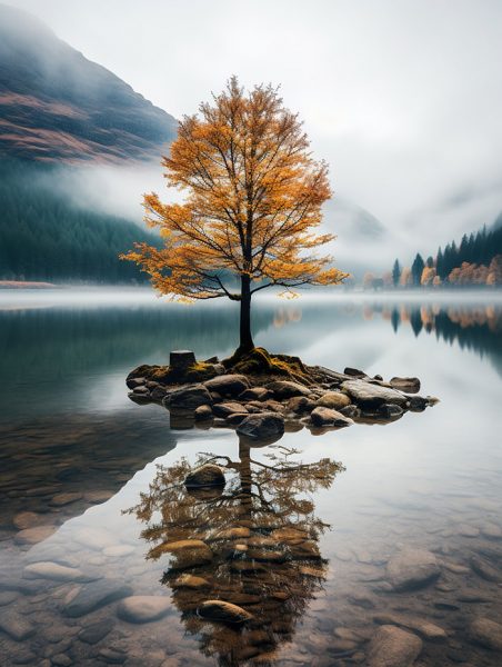 一棵树在水中，背景是一座山的倒影