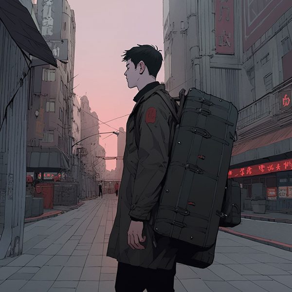 背着背包走在城市街道上的动漫男人生成人工智能