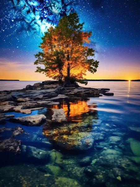 一棵树，满月和天上的星星