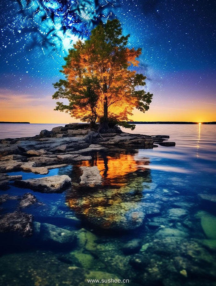 一棵树，满月和天上的星星插图