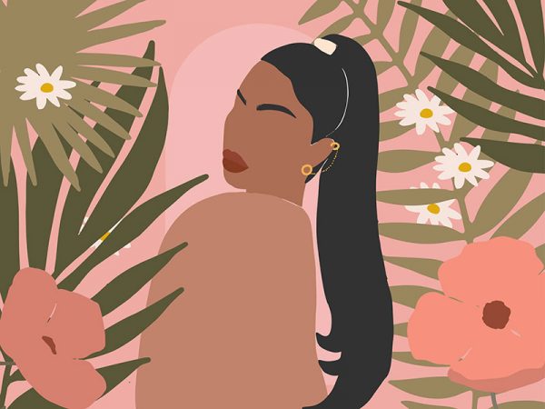 带有热带花卉元素和女性肖像的时尚波西米亚女性海报时尚封面