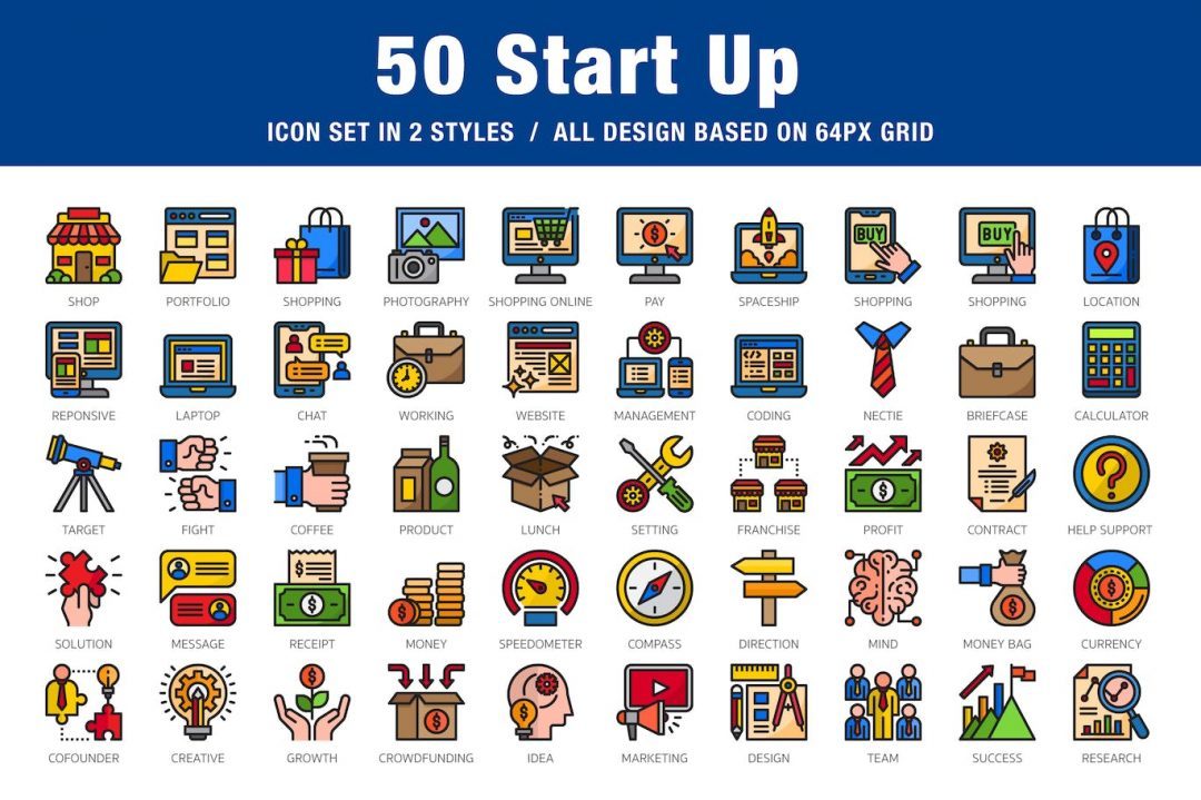 非常适合网页设计、海报、小册子、印刷、广告等图标集 50 Start Up