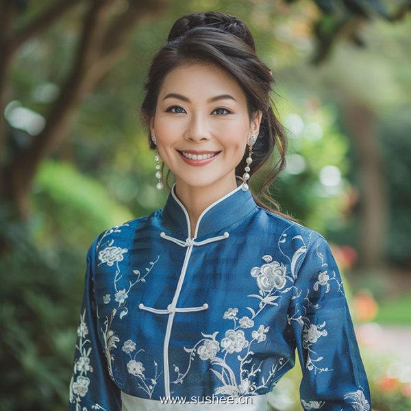 身穿蓝色和白色连衣裙的阿拉法德女人微笑着拍摄图片生成ai