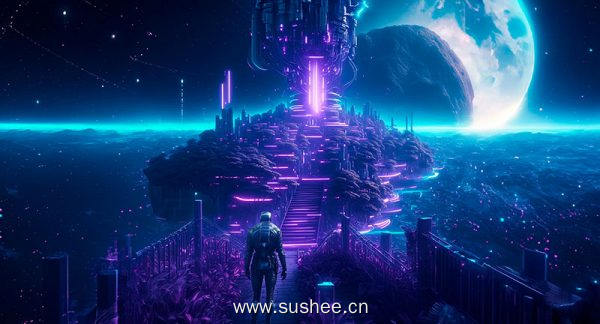 穿着太空盔甲的男人走向一座紫色灯光漂浮的城市