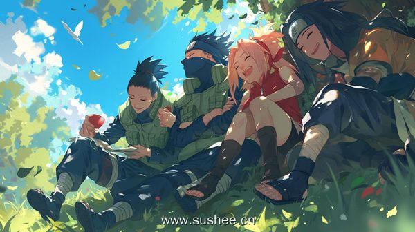 动漫人物坐在草地上，手里拿着苹果生成ai