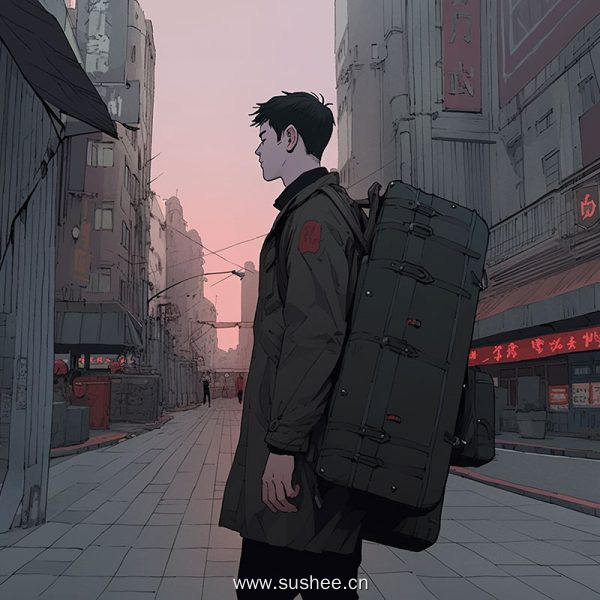 背着背包走在城市街道上的动漫男人生成人工智能