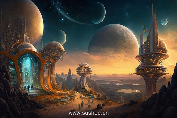 幻想世界中的宇宙飞船和行星，具有遥远的景观生成人工智能
