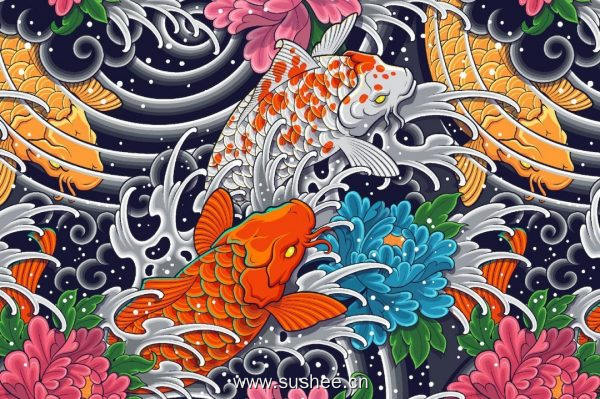 锦鲤鱼无缝图案艺术素材 Koi Fish Seamless Pattern